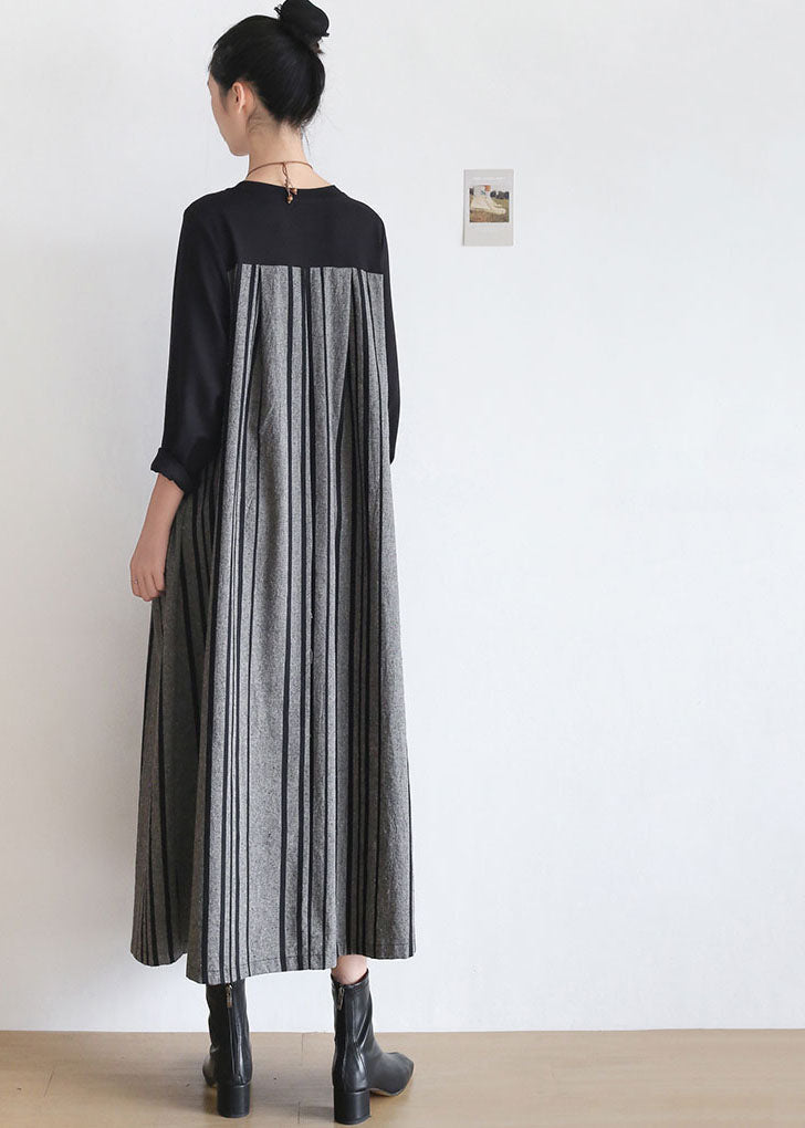 Vintage Black Striped Pockets Patchwork Linen Holiday Dress Long Sleeve
