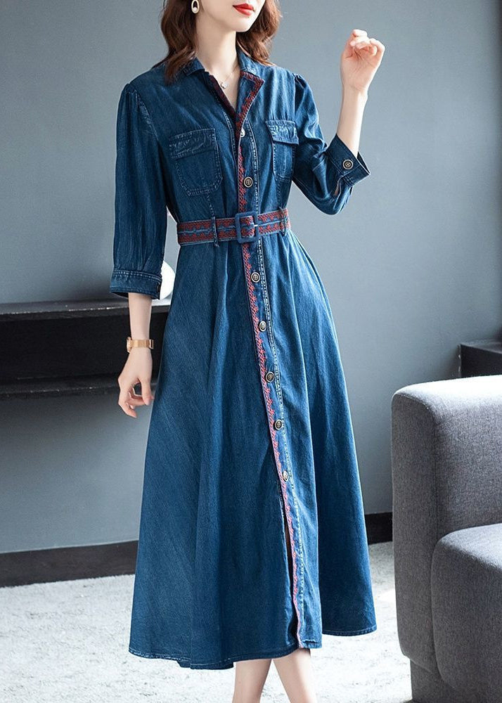 Vintage Blue Peter Pan Collar button Sashes Embroideried Cotton Vacation Dresses Three Quarter sleeve