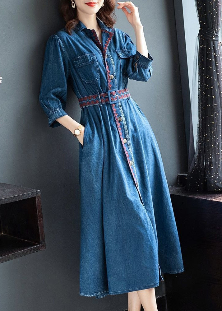 Vintage Blue Peter Pan Collar button Sashes Embroideried Cotton Vacation Dresses Three Quarter sleeve