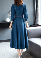 Vintage Blue Peter Pan Collar button Sashes Embroideried Cotton Vacation Dresses Three Quarter sleeve