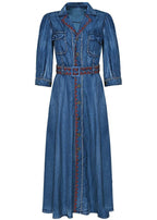 Vintage Blue Peter Pan Collar button Sashes Embroideried Cotton Vacation Dresses Three Quarter sleeve