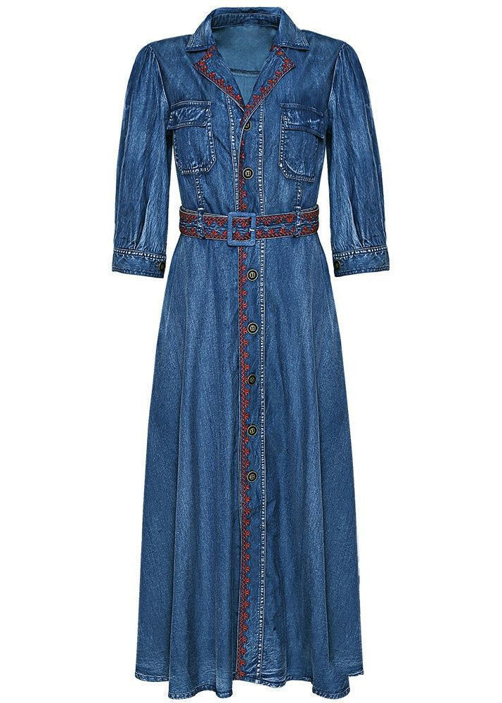 Vintage Blue Peter Pan Collar button Sashes Embroideried Cotton Vacation Dresses Three Quarter sleeve