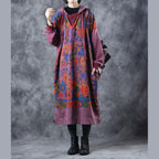 Vintage Loose Hoodie Print Long Fleece Dresses