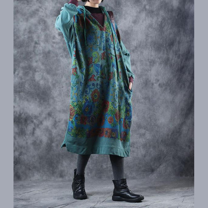 Vintage Loose Hoodie Print Long Fleece Dresses