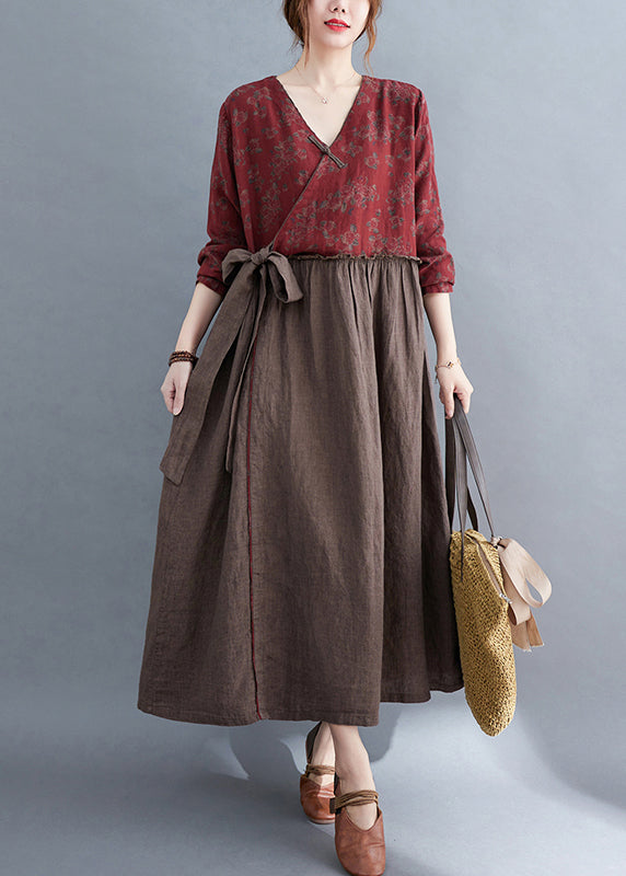 Vintage V Neck tie waist Ruffled Patchwork Print Linen Dress Long Sleeve