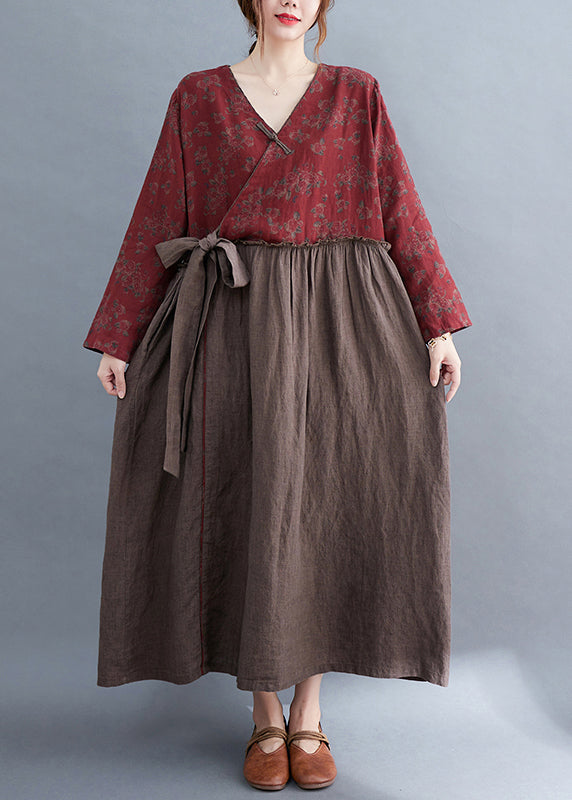 Vintage V Neck tie waist Ruffled Patchwork Print Linen Dress Long Sleeve