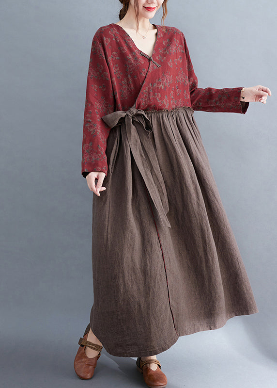 Vintage V Neck tie waist Ruffled Patchwork Print Linen Dress Long Sleeve