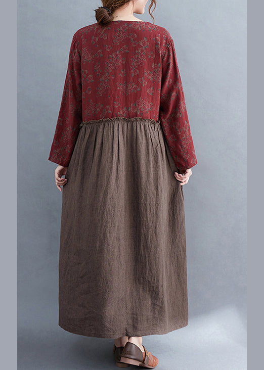 Vintage V Neck tie waist Ruffled Patchwork Print Linen Dress Long Sleeve