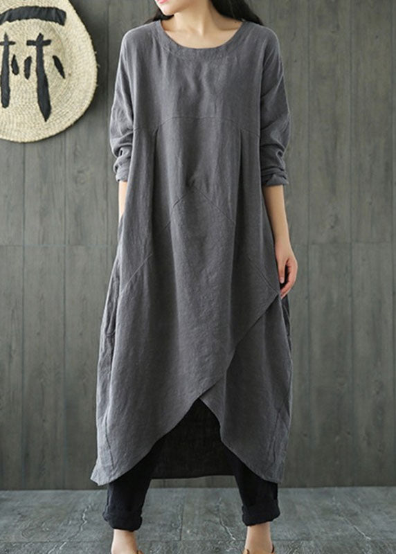 Vintage Women Pocket Solid Color Irregular Maxi Dress