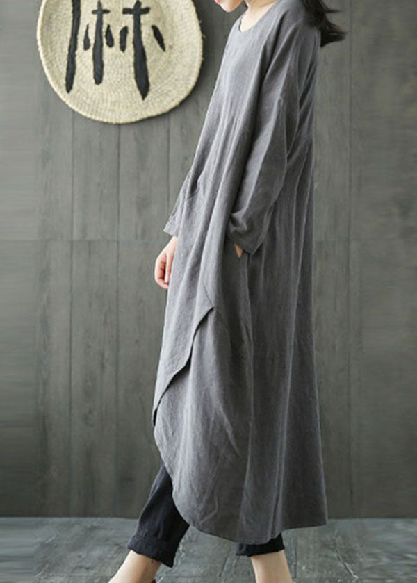 Vintage Women Pocket Solid Color Irregular Maxi Dress