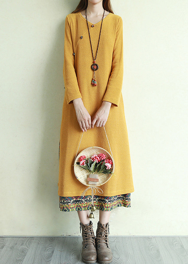 Vintage Yellow Button V Neck Patchwork Long Dresses Long Sleeve