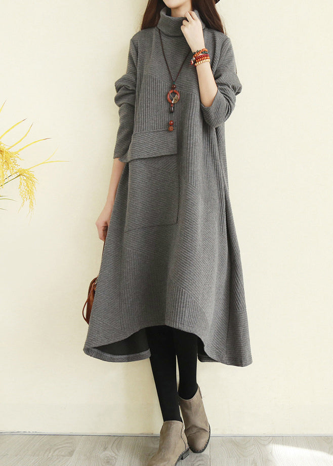 Women Grey Turtle Neck pocket Knit Dress Long Sleeve