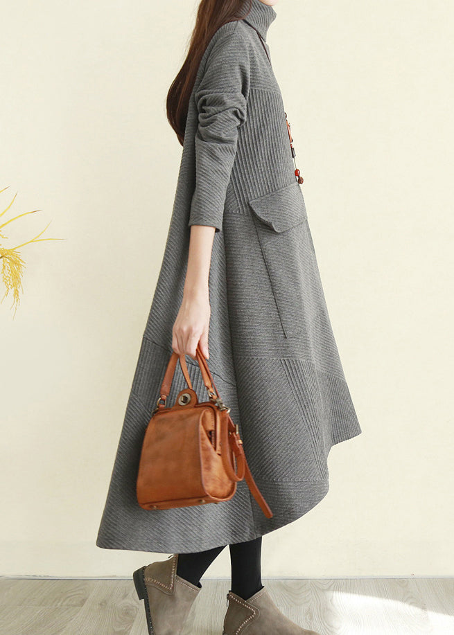 Women Grey Turtle Neck pocket Knit Dress Long Sleeve