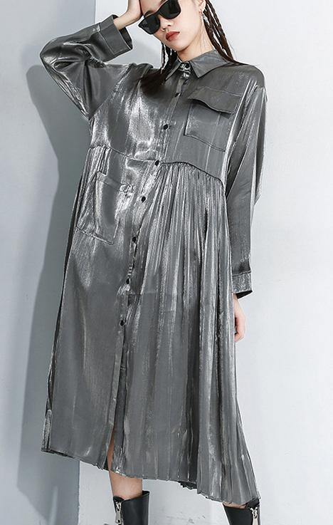 Women Long Sleeve Lapel Collar Loose Casual Oversize Midi Dresses