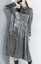 Women Long Sleeve Lapel Collar Loose Casual Oversize Midi Dresses