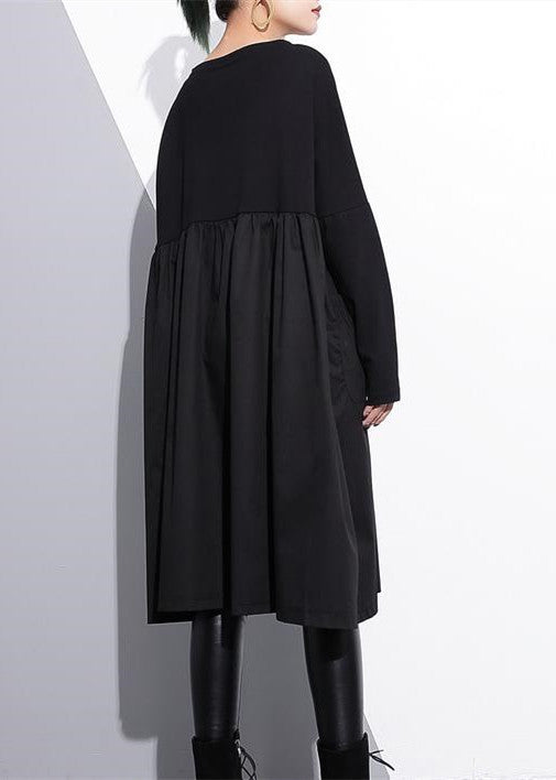 stylish black cotton shift dress plus size cotton clothing dress Elegant high waist patchwork cotton dress