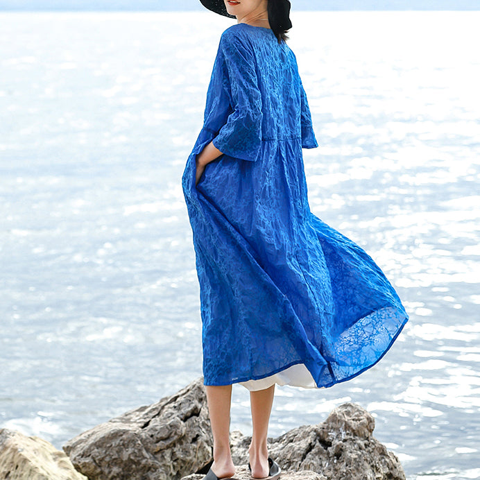 vintage blue natural silk linen dress Loose fitting O neck silk linen clothing dresses women Three Quarter sleeve baggy dresses